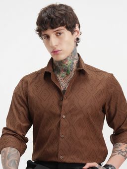 HIGHLANDER - Men's Brown Slim Fit Geometric Printed Spread Collar Cotton Shirt