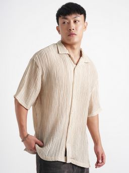 HIGHLANDER - Men's Cream Relaxed Fit Textured Spread Collar Casual Shirt