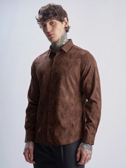 HIGHLANDER - Men's Rust Textured Spread Collar Casual Shirt