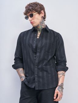 HIGHLANDER - Men's Black Vertical Striped Spread Collar Cotton Casual Shirt