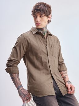 HIGHLANDER - Men's Brown Slim Fit Textured Spread Collar Cotton Casual Shirt