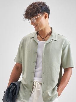 HIGHLANDER - Men's Green Knitted Popcorn Textured Solid Casual Relaxed Fit Shirt