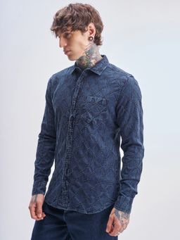 HIGHLANDER - Men's Navy Blue Slim Fit Textured Spread Collar Cotton Casual Shirt