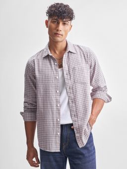 HIGHLANDER - Men's Lavender Checked Spread Collar Cotton Casual Shirt