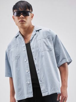 HIGHLANDER - Men's Blue Relaxed Fit Solid Cuban Collar Cotton Casual Shirt