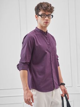 HIGHLANDER - Men's Purple Mandarin Collar Slim Fit Cotton Shirt
