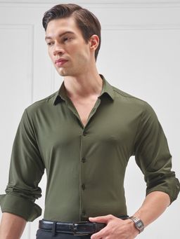 HIGHLANDER - Men's Olive Slim Fit Spread Collar Pure Cotton Casual Shirt