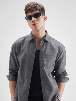 HIGHLANDER - Men's Grey Textured Checked Spread Collar Roll-Up Sleeves Cotton Relaxed Fit Shirt