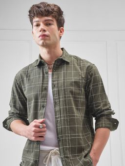HIGHLANDER - Men's Olive Relaxed Fit Windowpane Checked Spread Collar Cotton Casual Shirt