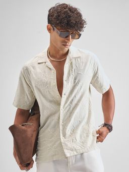 HIGHLANDER - Men's Cream Textured Self Design Embroidered Cuban Collar Cotton Relaxed Fit Shirt