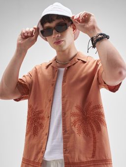 HIGHLANDER - Men's Rust Relaxed Fit Floral Printed Cuban Collar Cotton Casual Shirt