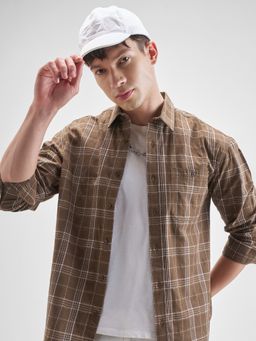 HIGHLANDER - Men's Brown Dobby Relaxed Fit Checked Spread Collar Casual Shirt
