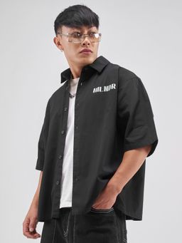 HIGHLANDER - Men's Black Typography Printed Spread Collar Cotton Boxy Fit Shirt