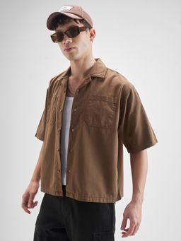 HIGHLANDER - Men's Brown Cuban Collar Cotton Boxy Fit Shirt