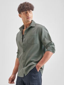HIGHLANDER - Men's Olive Dobby Textured Solid Relaxed Shirt