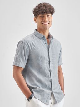 HIGHLANDER - Men's Grey Dobby Textured Striped Mandarin Collar Roll Up Sleeve Relaxed Shirt