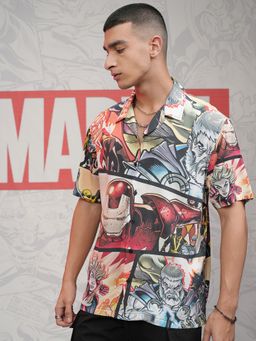 HIGHLANDER - Men's Multi-Colour Marvel Captain America Printed Cuban Collar Holiday Relaxed Shirt