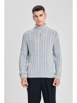 Snitch - Light Grey Cable Knit Full Sleeves Regular Casual Sweater For Men