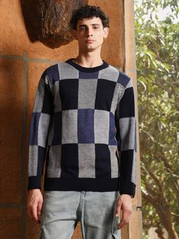 Campus Sutra - Mens Navy Blue Block-Check Pullover Sweater