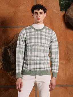 Campus Sutra - Mens Olive Green Plaid-Jacquard Knit Pullover Sweater