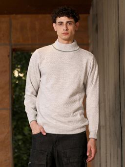 Campus Sutra - Mens Cloud Grey Herringbone-Jacquard Knit Pullover Sweater