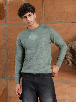 Campus Sutra - Mens Sage Green Geo-Jacquard Knit Pullover Sweater