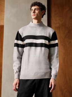 Campus Sutra - Mens Coin Grey Striped Relaxed-Pullover Sweater