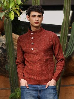 Campus Sutra - Mens Terracotta Brown Heathered-Jacquard Knit Fisherman Sweater