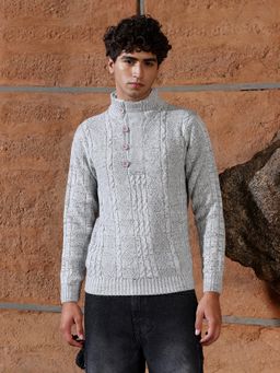 Campus Sutra - Mens Cloud Grey Heathered-Jacquard Knit Fisherman Sweater