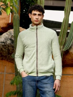Campus Sutra - Mens Light Pistachio Zip-Front Tactile Fur-Knit Sweater