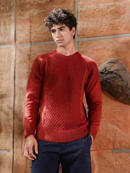 Campus Sutra - Mens Terracotta Brown Mesh-Jacquard Knit Pullover Sweater