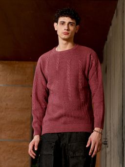 Campus Sutra - Mens Brick Brown Cable-Jacquard Knit Pullover Sweater