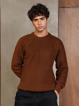 Campus Sutra - Mens Ash Brown Ribbed-Jacquard Knit Pullover Sweater