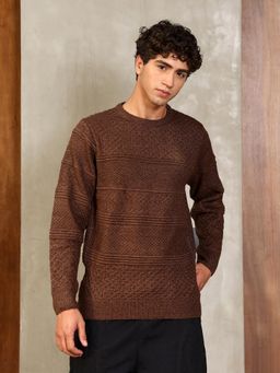 Campus Sutra - Mens Coffee Brown Horizontal-Jacquard Knit Pullover Sweater