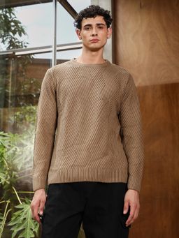 Campus Sutra - Mens Sand Beige Basket-Jacquard Knit Pullover Sweater