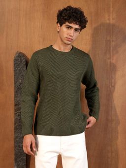 Campus Sutra - Mens Army Green Basket-Jacquard Knit Pullover Sweater