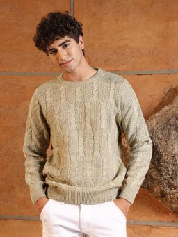 Campus Sutra - Mens Sand Beige Rope-Jacquard Knit Pullover Sweater