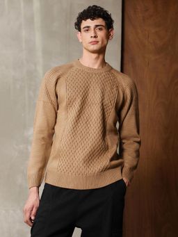 Campus Sutra - Mens Camel Beige Mesh-Jacquard Knit Pullover Sweater