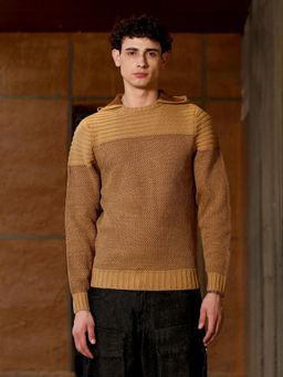 Campus Sutra - Mens Ash Brown Hive-Jacquard Knit Hooded Sweater