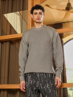 Campus Sutra - Mens Coin Grey Ribbed-Jacquard Knit Pullover Sweater