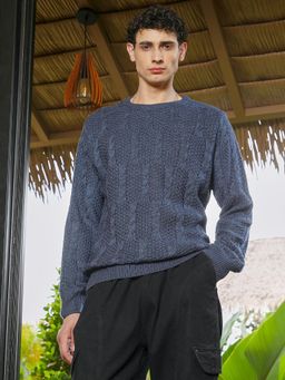 Campus Sutra - Mens Steel Blue Rope-Jacquard Knit Pullover Sweater