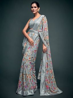 Akhilam - Women Georgette Grey Printed Celebrity Saree with Blouse Piece