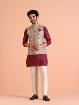 KISAH - Men Maroon Printed Geometric Kurta with Pant and Nehru Jacket (Set of 3)