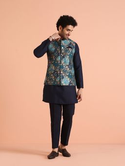KISAH - Men Navy Blue Woven Design Floral Kurta with Pant and Nehru Jacket (Set of 3)