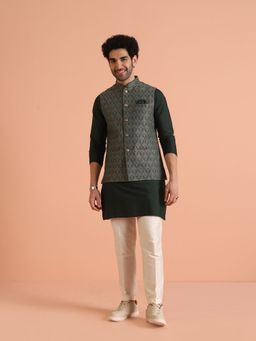 KISAH - Men Green Woven Design Floral Kurta with Pant and Nehru Jacket (Set of 3)