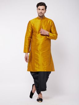 Vastramay - Mens Mustard & Black Silk Blend Kurta with Dhoti (Set of 2)