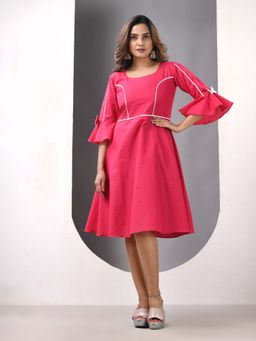 CHARUKRITI - Fuchsia Cotton Solid Fit and Flared Ethnic Dress