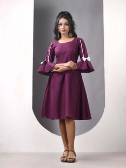 CHARUKRITI - Purple Cotton Solid Fit and Flared Ethnic Dress