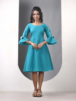 CHARUKRITI - Sky Blue Cotton Solid Fit and Flared Ethnic Dress
