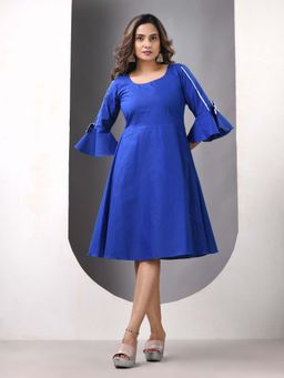 CHARUKRITI - Blue Cotton Solid Fit and Flared Ethnic Dress